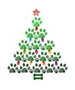 Christmas tree made of bone and paw prints. New year greeting card