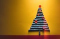 Christmas Tree Made Of Tree Branches And Buttons On Yellow And Red Background. Creative Concept