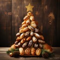 Christmas tree made of bread and rolls on a wooden background. Christmas and New Year concept