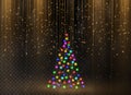 Christmas tree made of color lights string on a transparent background. Golden snow for the new year.