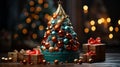 Christmas tree made of colorful Christmas baubles against blurred background