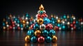 Christmas tree made of colorful Christmas baubles against dark background