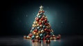 Christmas tree made of colorful Christmas baubles against dark background