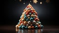 Christmas tree made of colorful Christmas baubles against dark background