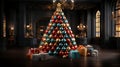 Christmas tree made of colorful Christmas baubles in interior. Creative Christmas tree