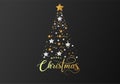 Christmas Tree made of Cutout Gold Foil and White Paper Stars, Silver Glitter  Beads on Black Background. Chic Christmas Greeting Royalty Free Stock Photo
