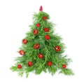 Christmas tree made of dill, decorated with chili pepper, close-up on a white background. Healthy holidays food and diet. New year