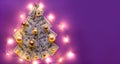 Christmas tree made of 100 dollar bills on purple background with copyspace and House key. Christmas decor of finance, savings, Royalty Free Stock Photo
