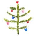 Christmas tree made of  fir branches decorated with colorful buttons isolated on white Royalty Free Stock Photo