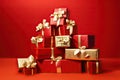 Christmas tree made of gift boxes on red background, 3d render, a pile of presents with gold bows and bows on top of each other,