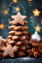 Christmas tree made of gingerbread. Gingerbread in the form of a star. Seasonal background. AI generated