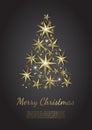 Christmas Tree made of Gold Foil Stars on black Background. Christmas Greeting Card. Royalty Free Stock Photo