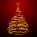 Christmas Tree Made Of Gold Wire. Red Background.