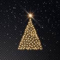 Christmas tree made of golden lights on a transparent background.