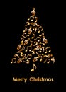 Christmas tree made of golden musical notes on black background.Merry Christmas music greeting card Royalty Free Stock Photo