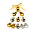 Christmas tree made from golden and silver balls isolated on white. Top view, flat lay. Minimalist concept