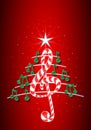 Christmas tree made of green musical notes, candy bar shaped treble clef and pentagram on red background with stars