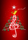 Christmas tree made of green musical notes, candy bar shaped treble clef and yellow bird singing and title: MERRY CHRISTMAS