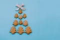 Christmas tree made of homemade shortbread cookies on light blue background Royalty Free Stock Photo