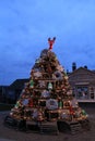 Christmas tree made of lobster traps and other holiday decorations, Fox`s Lobster House, York, Maine, 2017