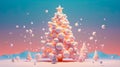 Christmas tree made of many pastel color balloons and pastel color pink gifts present boxes