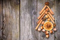 Christmas tree made of nuts, spices and dried oranges. Royalty Free Stock Photo