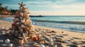 Beach Christmas Tree Made of Ornaments, Starfish and Seashells On The Ocean Shore Beach Sand - Generative AI