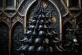 a christmas tree made out of black skulls