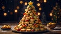 Christmas tree made of layered cheese and vegetables with a star on top.
