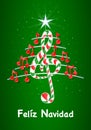 Christmas tree made of red musical notes, candy bar shaped treble clef and pentagram with title: FELIZ NAVIDAD Royalty Free Stock Photo