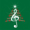 Christmas tree made of red musical notes, treble clef and pentagram on green background with stars  - Vector image Royalty Free Stock Photo