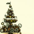 Christmas tree made from retro metal steampunk objects with copy space generative ai illustration