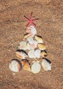 Christmas tree made of shells in the sand. Selective focus Royalty Free Stock Photo