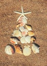 Christmas tree made of shells in the sand. Selective focus Royalty Free Stock Photo