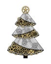 Christmas tree made of shiny silver metal plates, gears, cogwheels, rivets