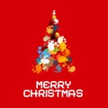 Christmas Tree Made from Splashes, Blots on Red Background