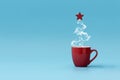 Christmas tree made of steaming coffee with red star. Morning drink. Christmas or New Year celebration concept. Copy space