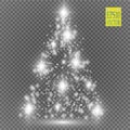 Christmas Tree made, White glitter bokeh lights and sparkles. Shining star, sun particles and sparks with lens flare Royalty Free Stock Photo