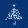 Christmas tree made of white musical notes, treble clef and pentagram on blue background with stars Royalty Free Stock Photo