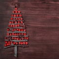 Christmas tree made of wooden branches and rowan berries. New Year celebration concept with Christmas tree with star and red baubl Royalty Free Stock Photo