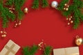 Christmas tree metallic gold ball gift box red floor center free space