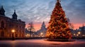 Christmas tree in the middle of the city square at dawn. Xmas tree as a symbol of Christmas of the birth of the Savior