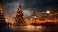 Christmas tree in the middle of the city square at night. Xmas tree as a symbol of Christmas of the birth of the Savior