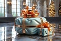 Christmas tree and mint gift boxes with golden bows in high tech style in interior. Generative AI