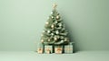 Christmas Tree Mockup Closeup isolated on green background. Christmas Eve with gift boxes. Winter traditional holidays. Merry Royalty Free Stock Photo