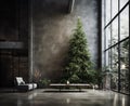 Christmas tree in modern minimalistic concrete interior.