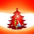 Christmas tree with modern nativity scene on red background. Scene of Bethlehem Royalty Free Stock Photo