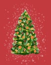 Christmas tree with natural toys made of gingerbread man, gingerbread, dry orange, garland. Illustration for Christmas