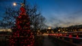 Christmas tree near  bridge over Saugatuck river in downtown  with evening lights Royalty Free Stock Photo