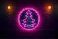 Christmas tree neon line lamp, decorated on brick wall, generative AI